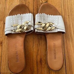 White Leather Slide Sandals with Gold Chain Accent